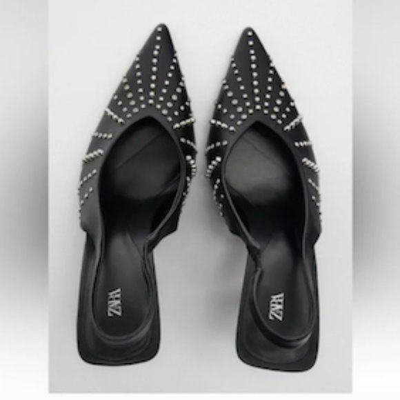 Zara Sexy Edgy Studded Sling Back Heels Black Size 36 - Picture 6 of 11